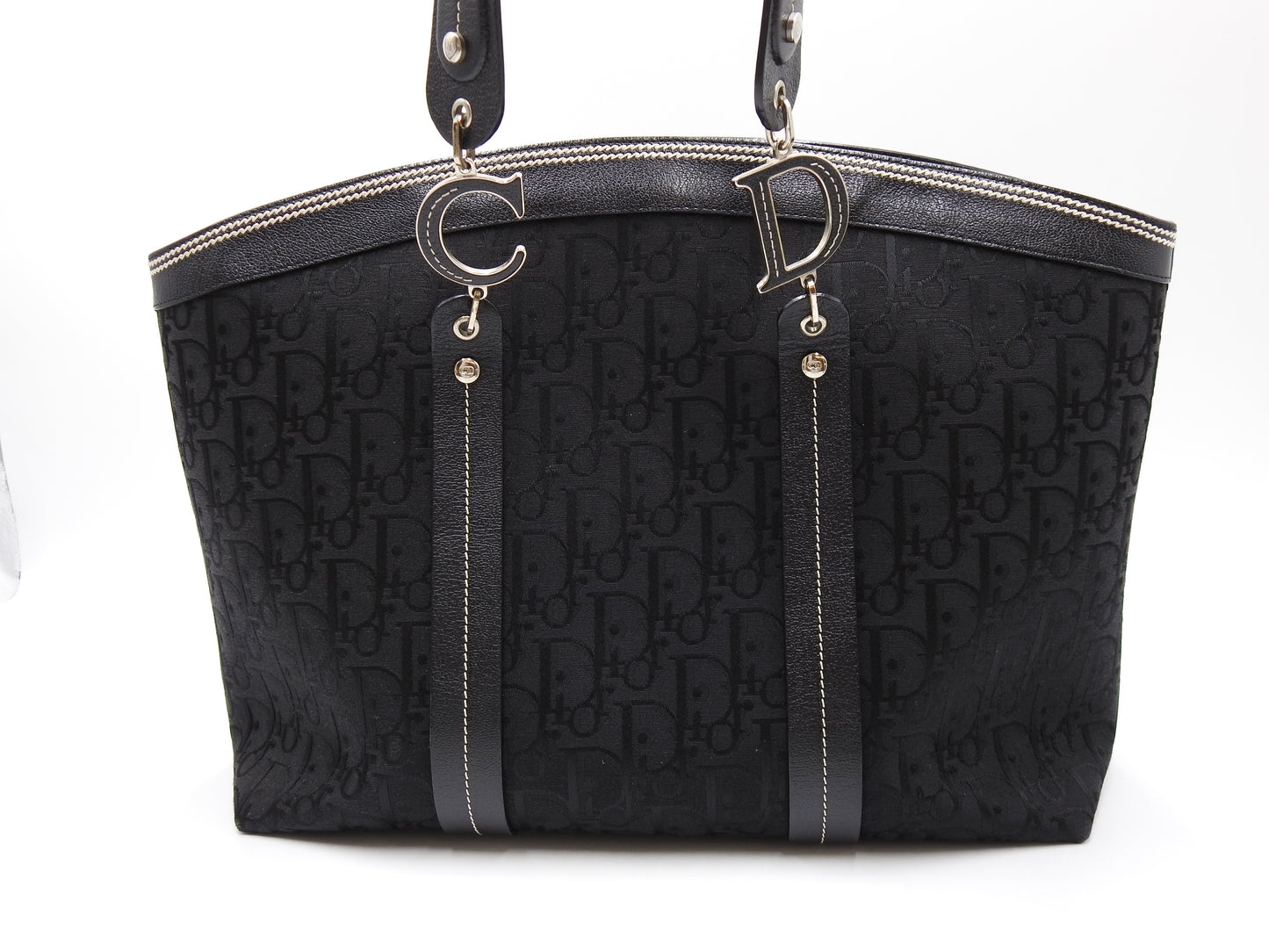 Christian Dior Trotter Flower Embroidery Shoulder Hand Bag Canvas Black