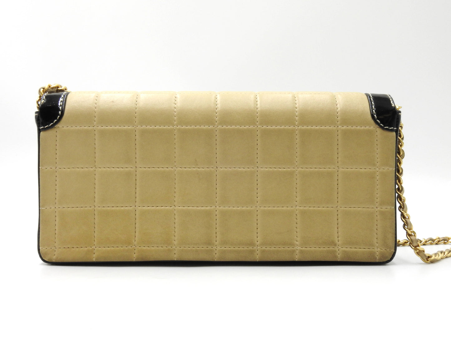 CHANEL Chocolate Bar Chain Shoulder Bag Lambskin Patent Beige Black A15316