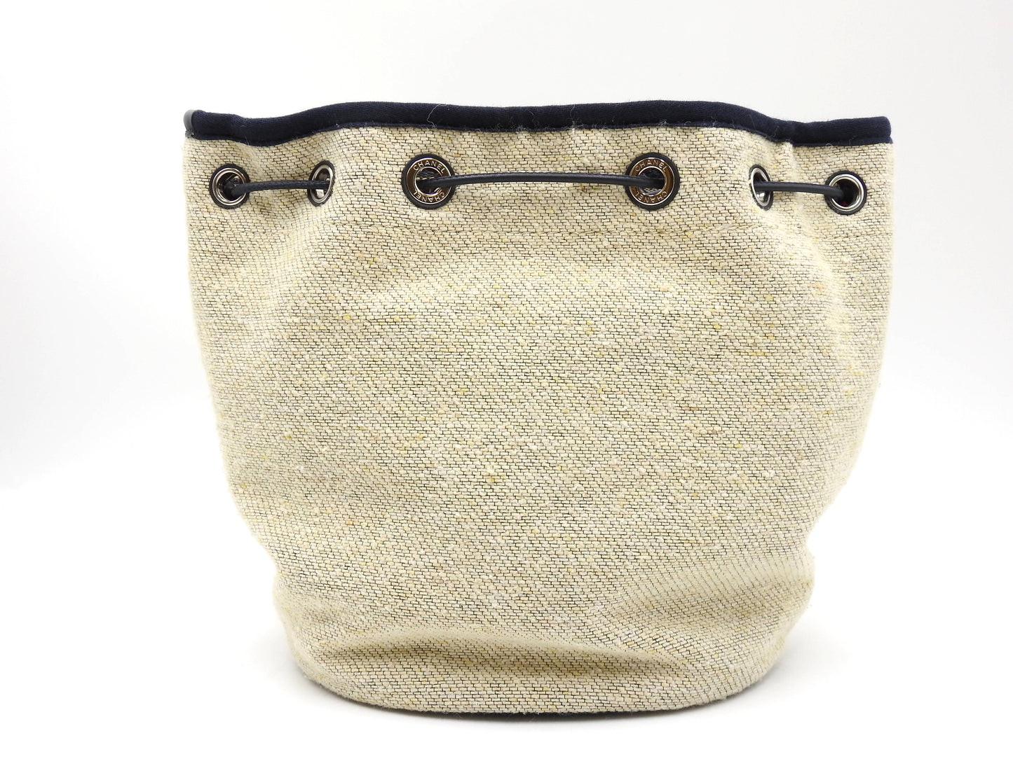 CHANEL Deauville Drawstring Chain Shoulder Bag Canvas Beige