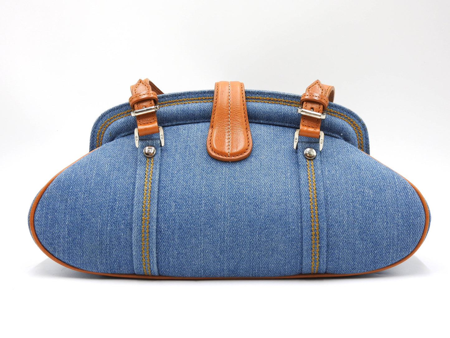 Christian Dior Denim Embroidered Flower Kiss Lock Hand Bag Blue Brown