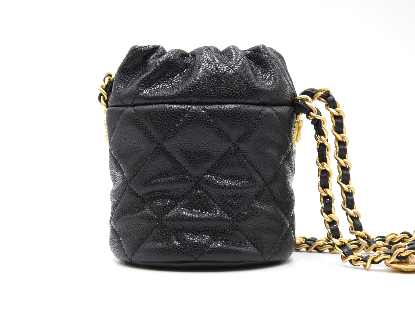 CHANEL CC Matelasse Mini Chain Bucket Shoulder Bag Caviarskin Black Gold