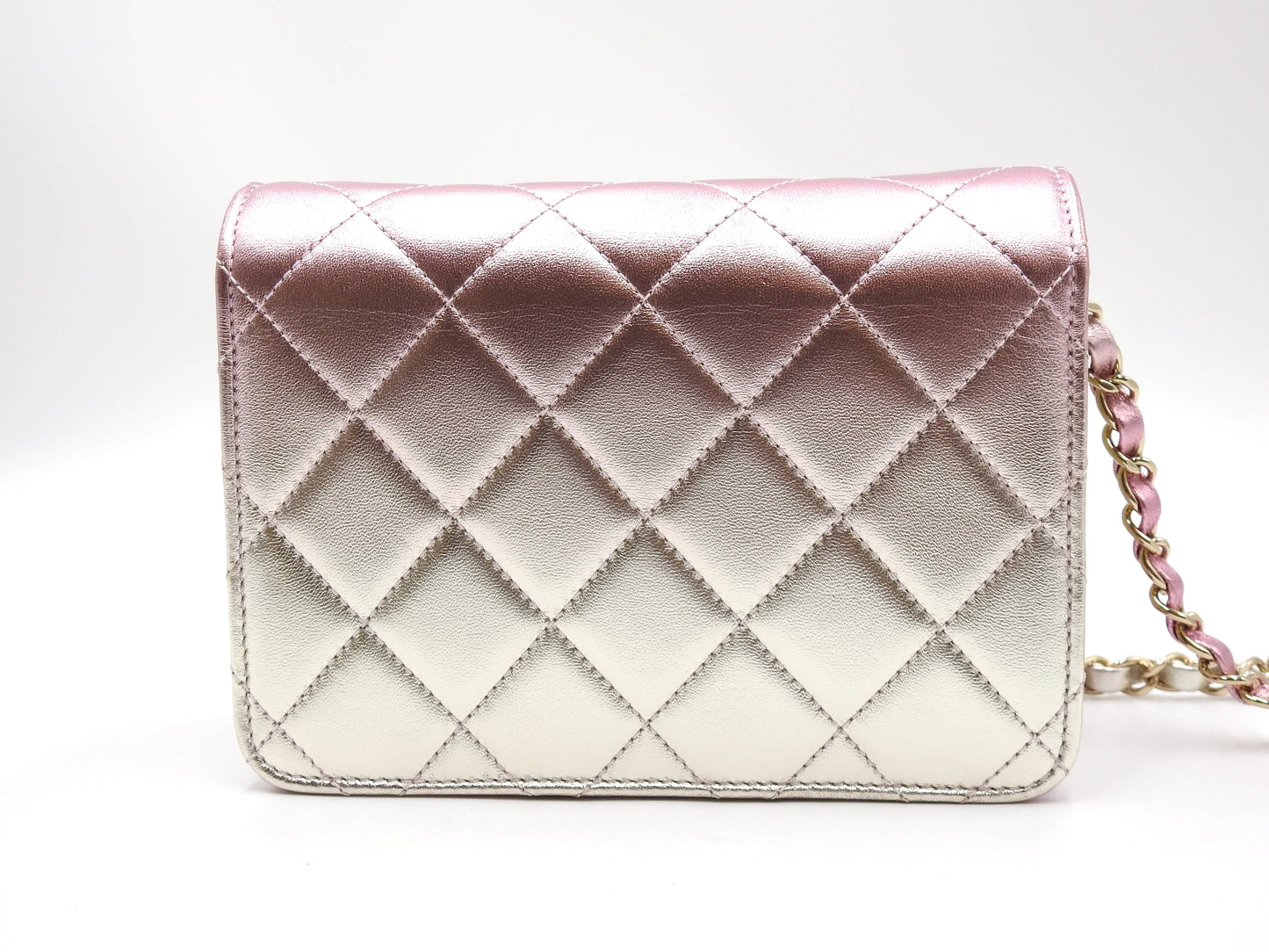 CHANEL Mini Flap Chain Shoulder Bag Lambskin Metallic Silver Pink AS3002