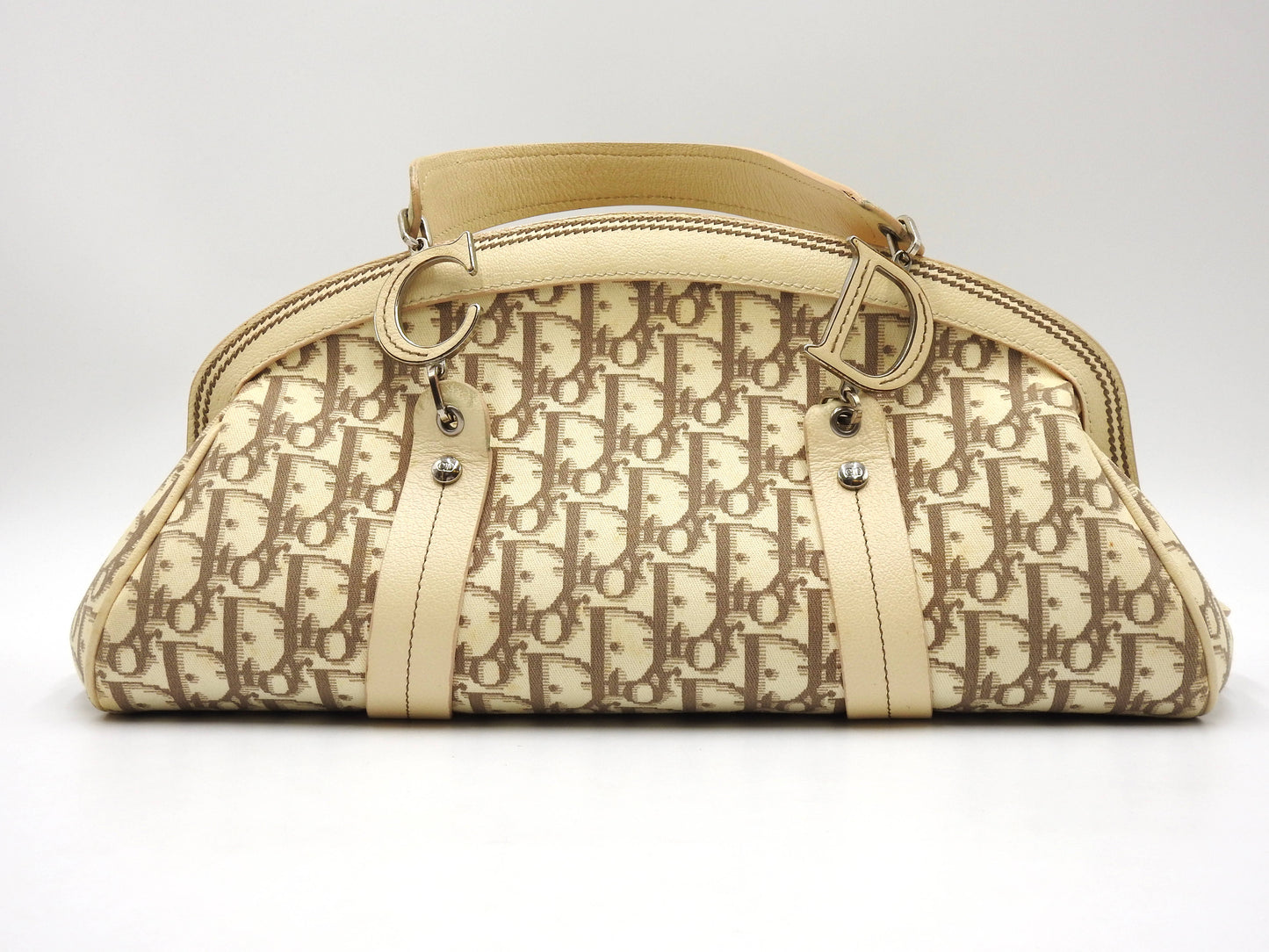 Christian Dior Trotter Embroidered Flower Hand Bag Canvas Leather Beige