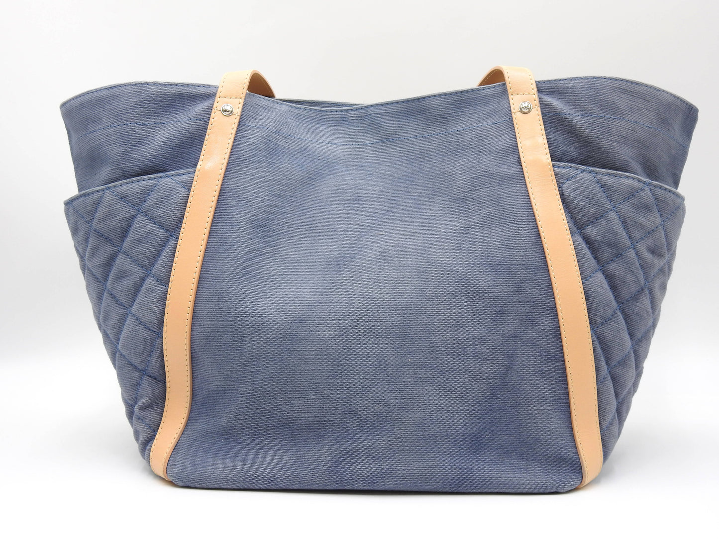 CHANEL CC Flower Shoulder Tote Bag Washed Denim Leather Blue Beige