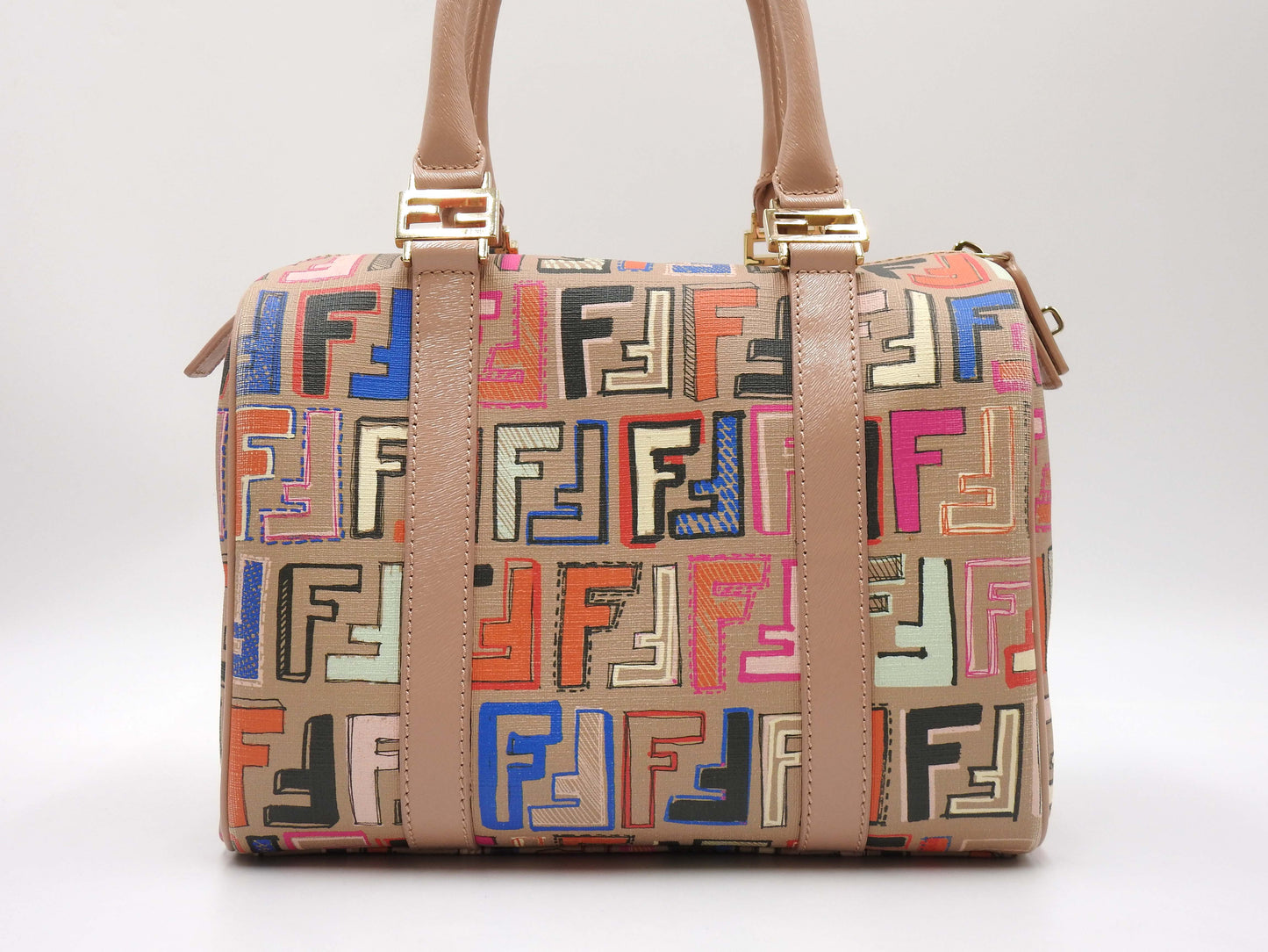 FENDI Zucca Boston Hand Bag PVC Leather Beige Multicolor 8BL068