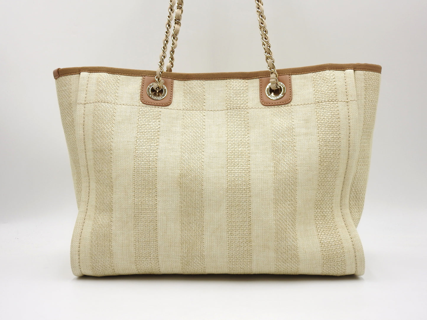CHANEL Deauville MM Chain Tote Shoulder Bag Straw Canvas Beige Brown A67001