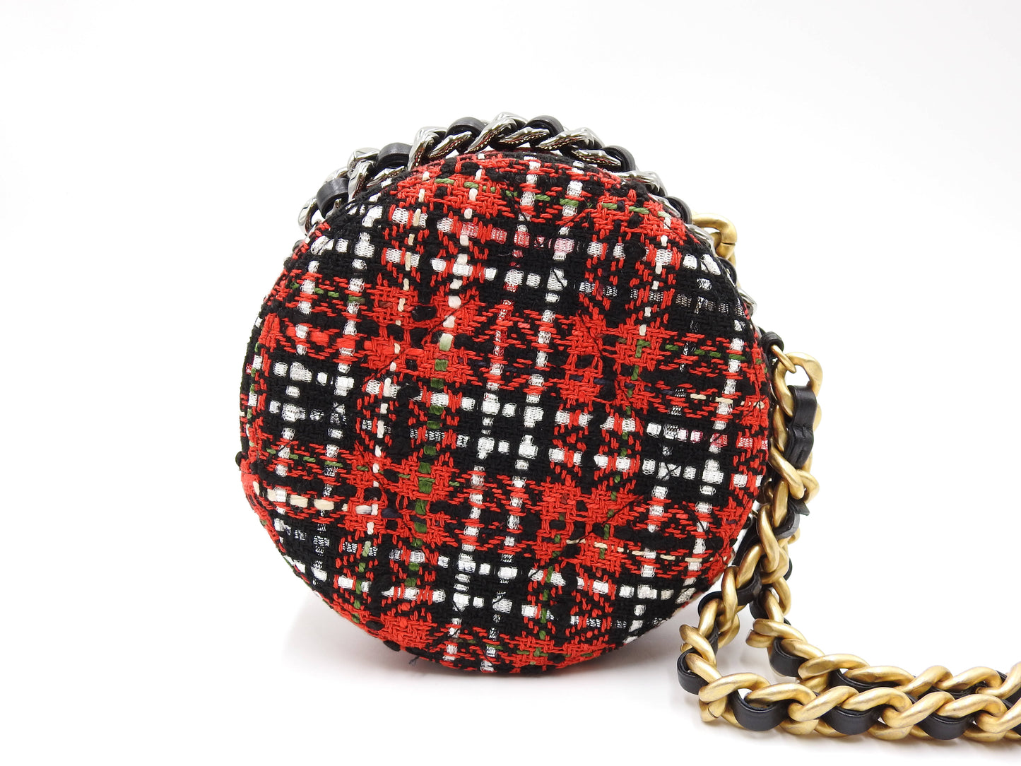 CHANEL 19 Round Chain Clutch Shoulder Bag Tweed Leather Red Black AP0945