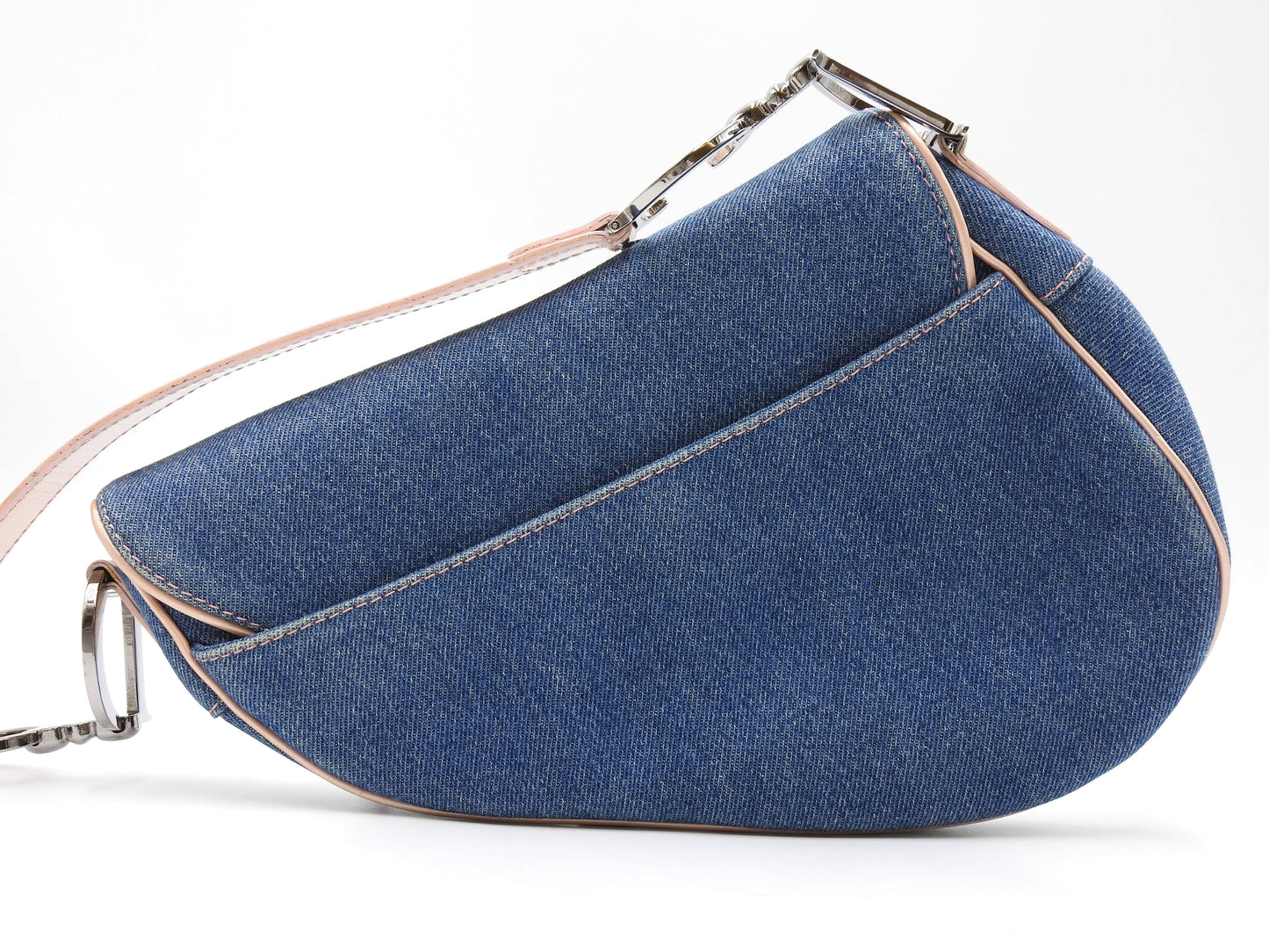 Christian Dior Saddle Bag Shoulder Hand Bag Denim Patent Leather Blue PInk