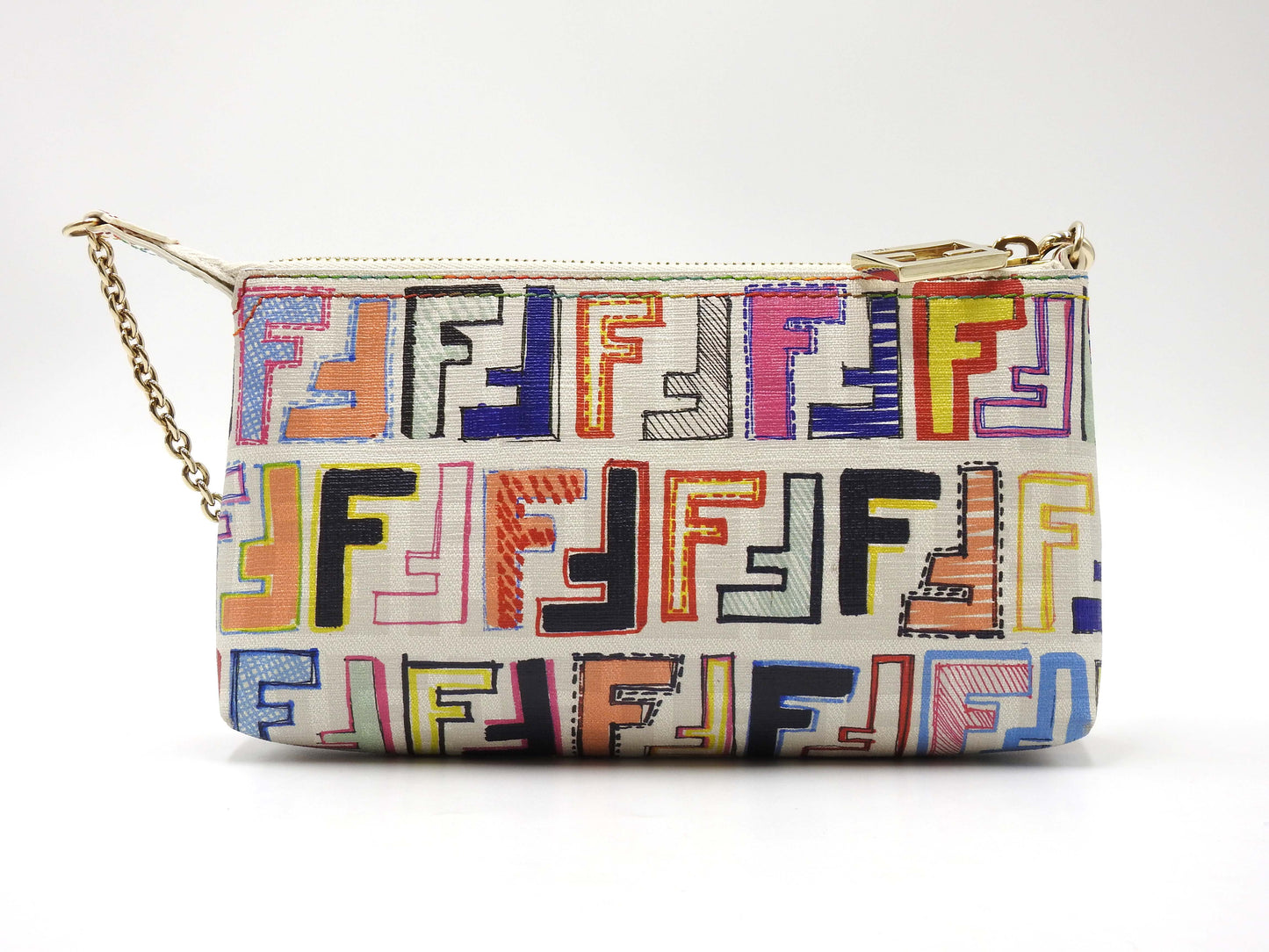 FENDI Zucca Chain Bag Pochette Accessories Cosmetic Pouch White 8BR592
