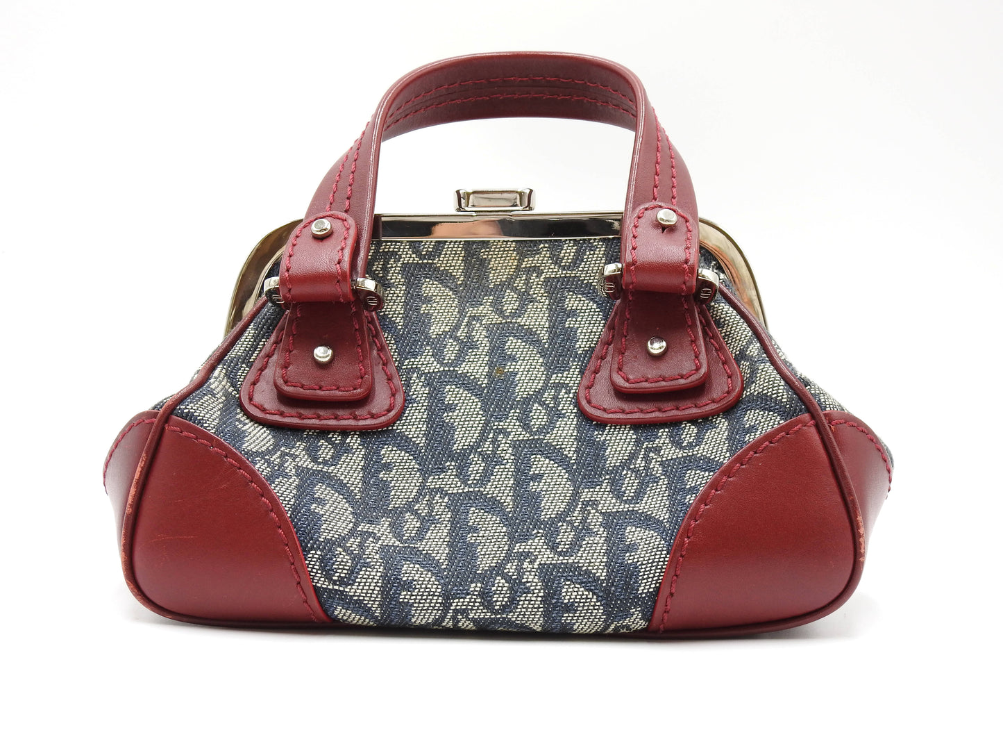 Christian Dior Trotter Kiss Lock Mini Hand Bag Canvas Leather Navy Red