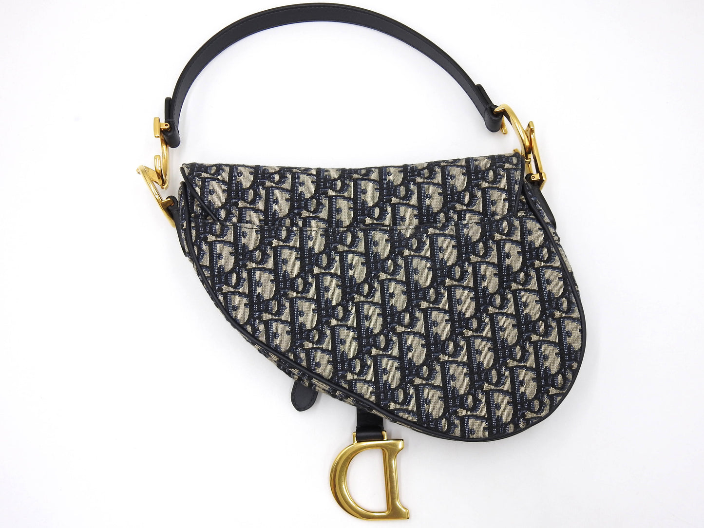 Christian Dior Oblique Jacquard Saddle Bag Shoulder Hand Bag Leather Navy