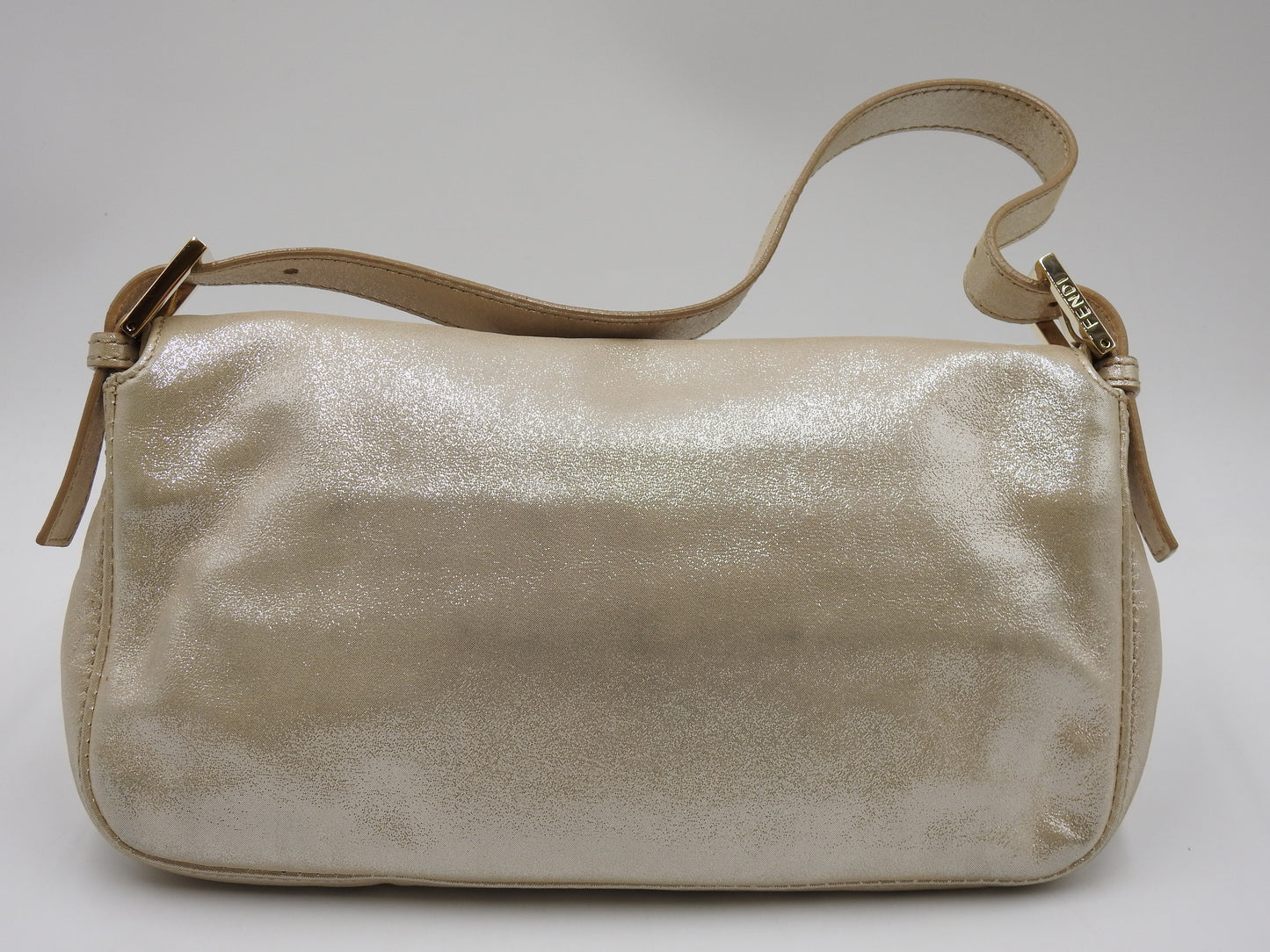 FENDI Crystal Mamma Baguette Shoulder Hand Bag Leather Beige Gold 8BR600