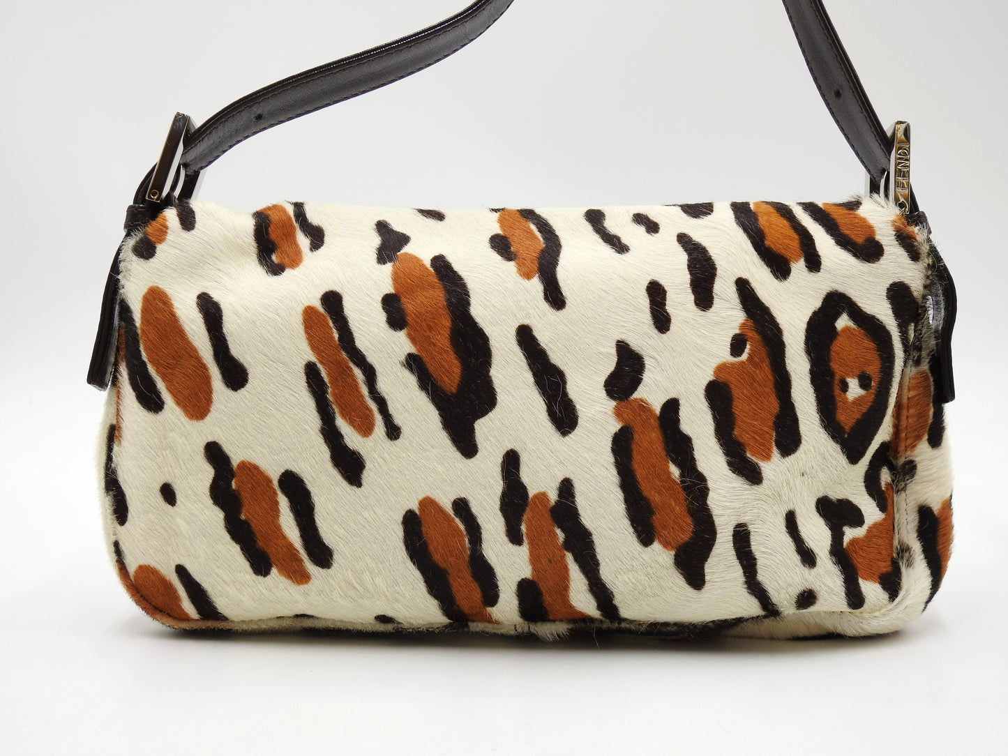 FENDI Leopard Mamma Baguette Shoulder Hand Bag Leather White Brown Silver