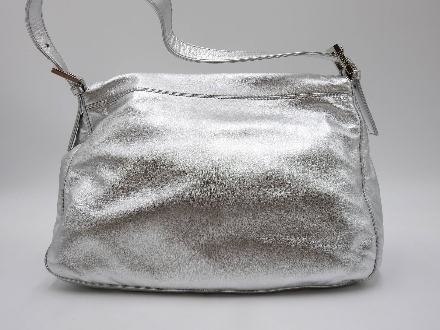 FENDI Mamma Baguette Shoulder Hand Bag Leather Rhinestone Silver
