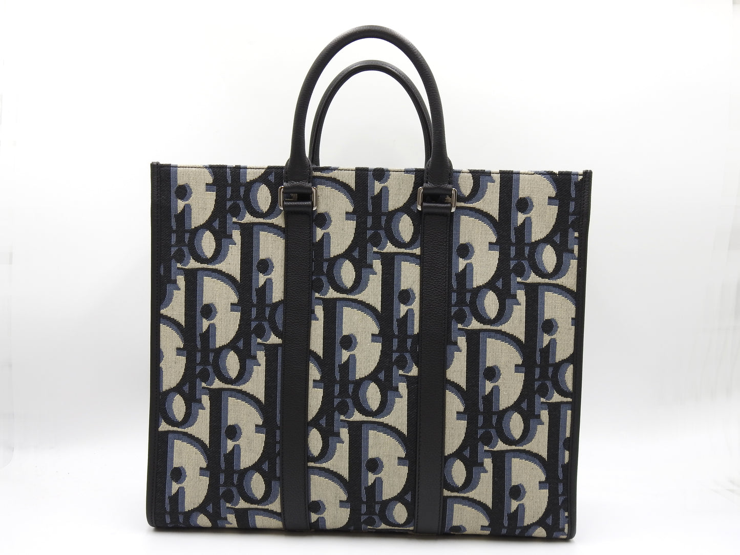 Christian Dior Oblique East Wast Tote Bag Maxi Jacquard Canvas Navy Black