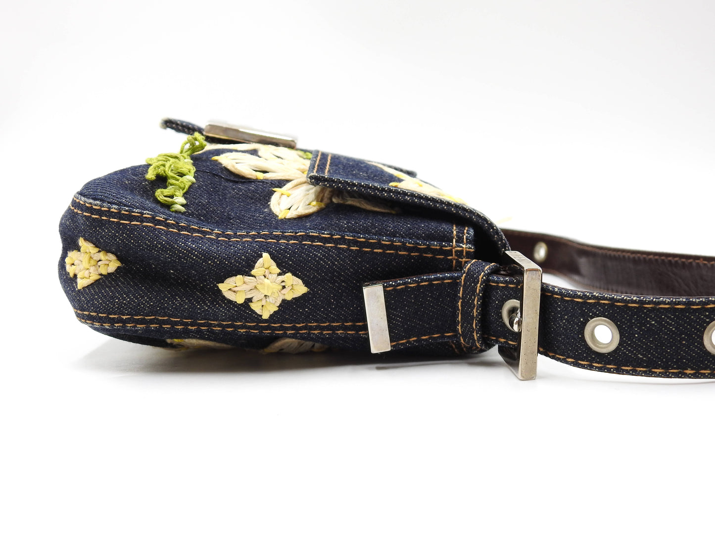 FENDI Denim Mamma Baguette Shoulder Hand Bag Flower Embroidered Navy