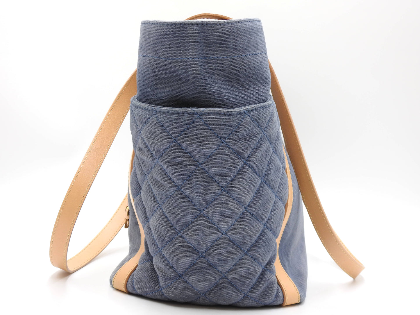 CHANEL CC Flower Shoulder Tote Bag Washed Denim Leather Blue Beige