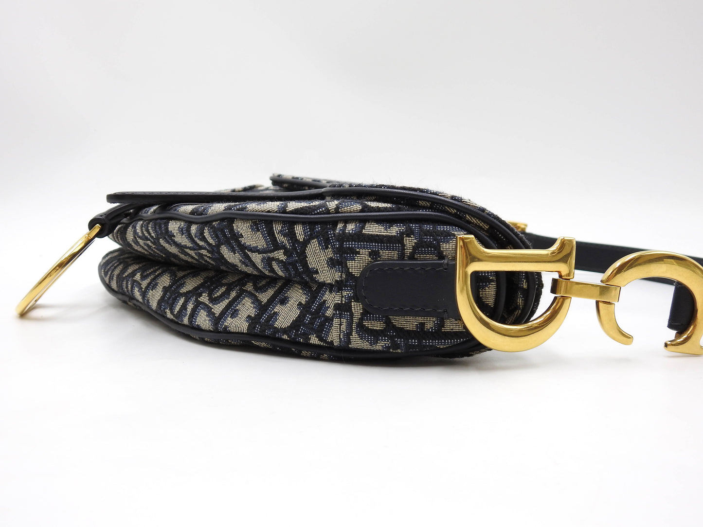 Christian Dior Oblique Jacquard Saddle Bag Shoulder Hand Bag Leather Navy