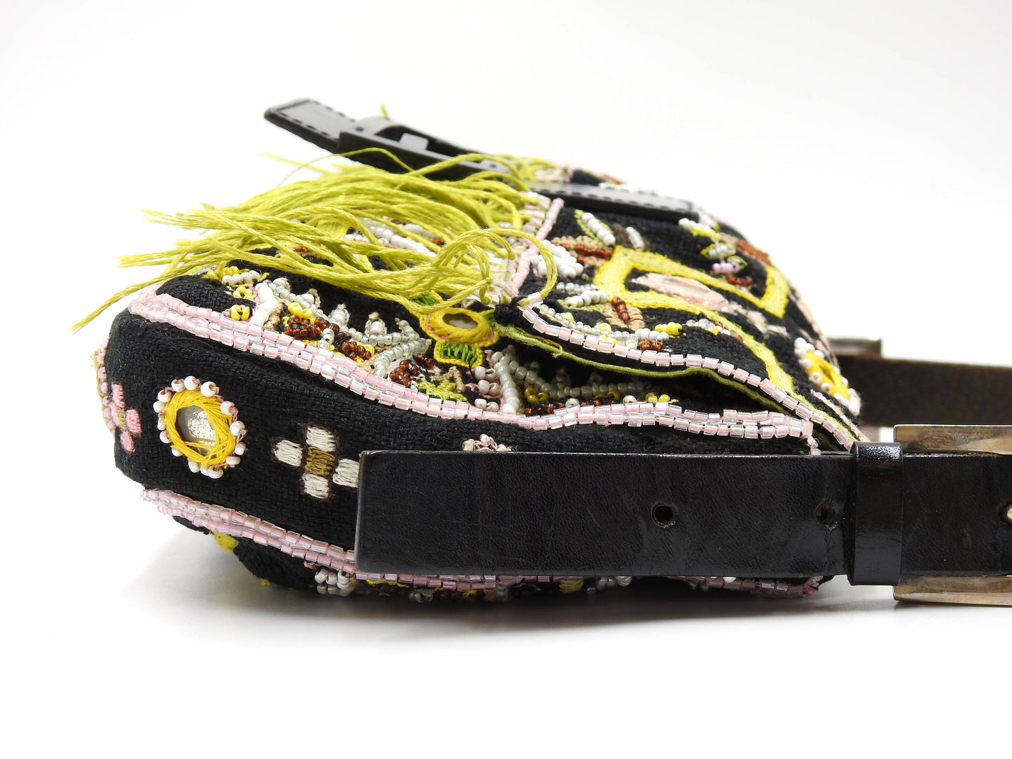 FENDI Mamma Baguette Shoulder Hand Bag Embroidered Beaded Fringe Black