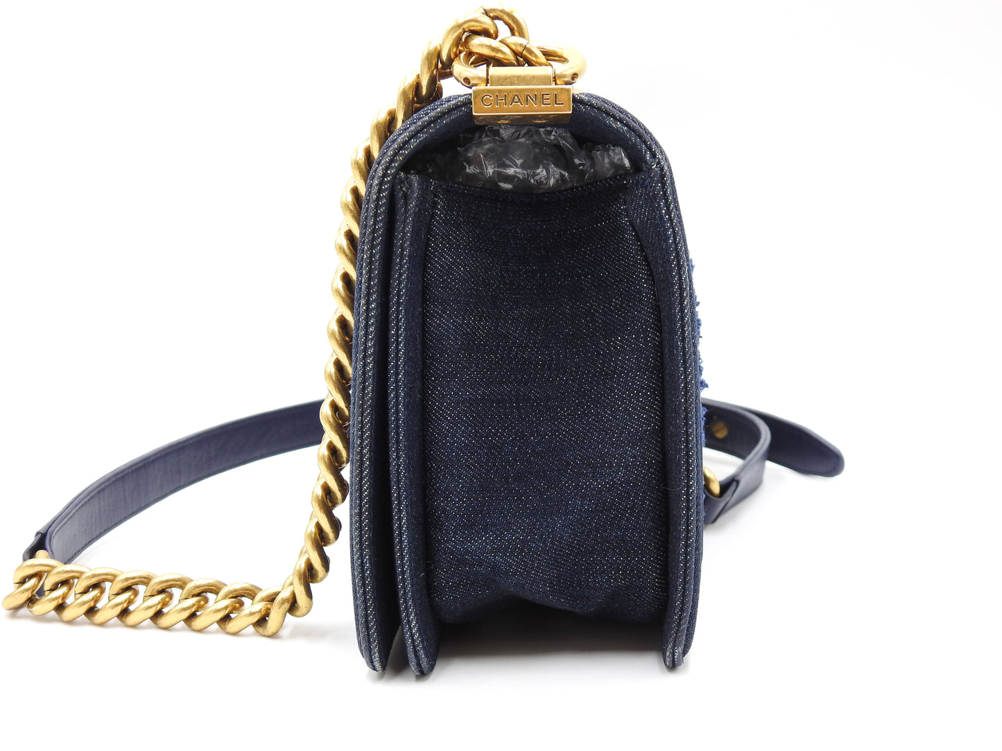 CHANEL Medium Boy Flap 25 Chain Shoulder Bag Denim Tweed Blue Gold A67086