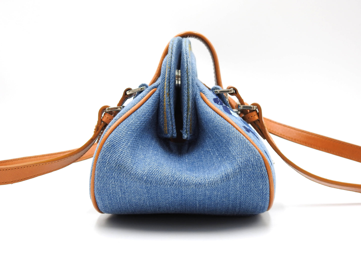 Christian Dior Denim Embroidered Flower Kiss Lock Hand Bag Blue Brown