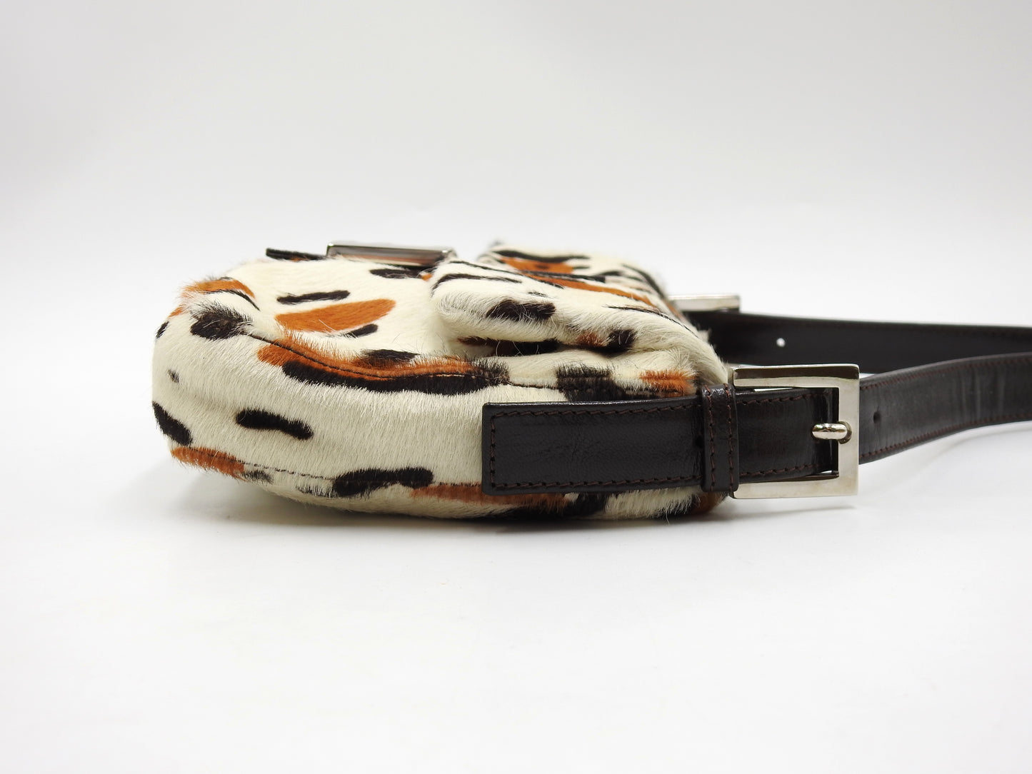 FENDI Leopard Mamma Baguette Shoulder Hand Bag Leather White Brown Silver