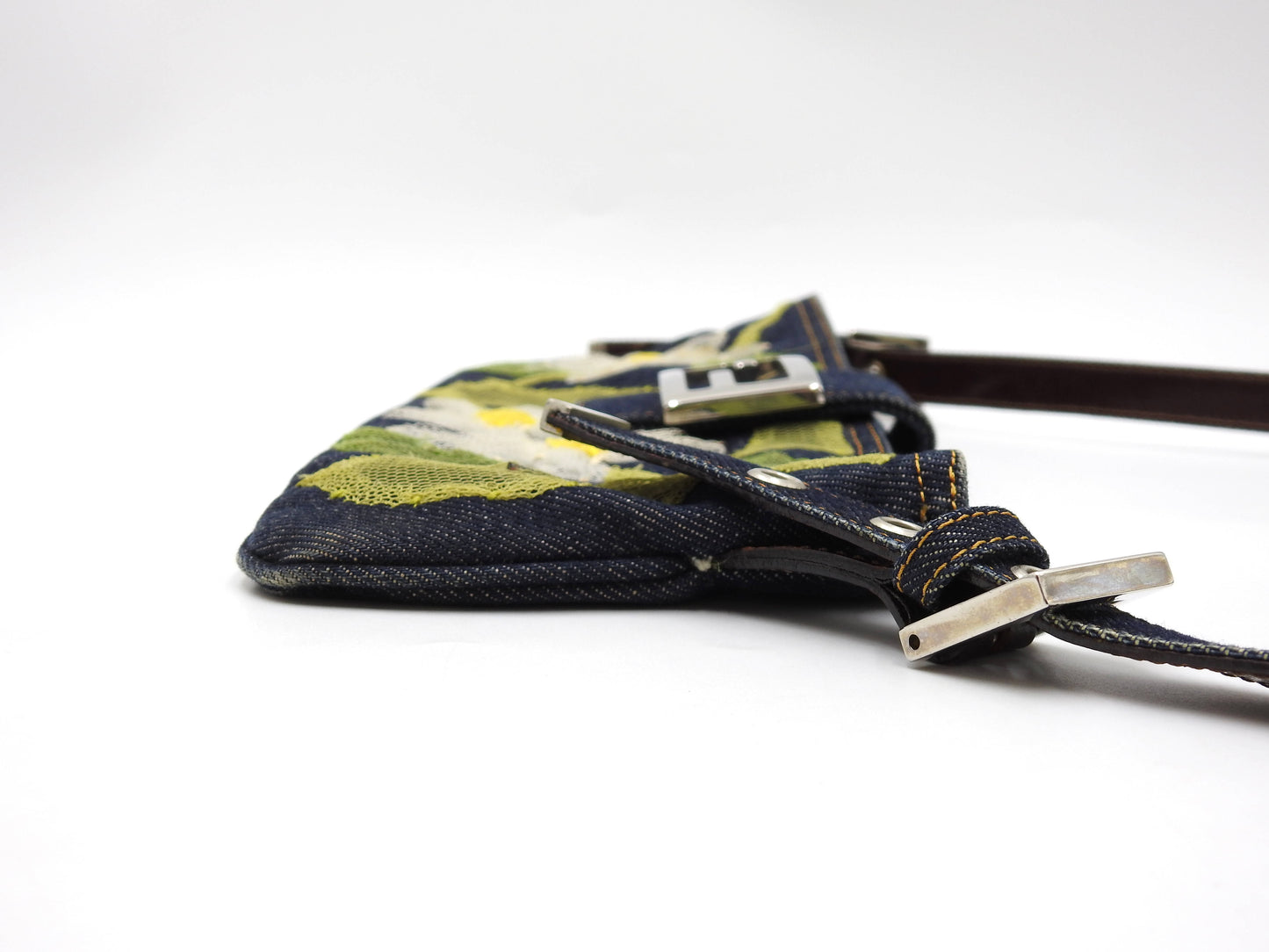 FENDI Denim Mamma Baguette Shoulder Hand Bag Flower Embroidered Navy