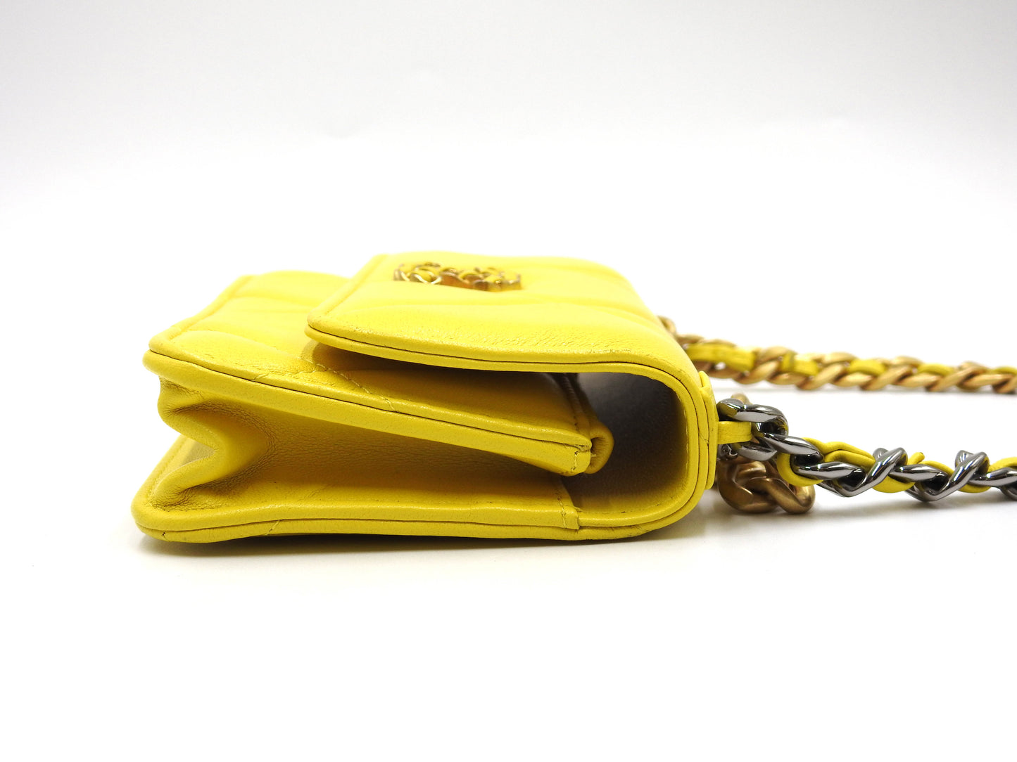 CHANEL 19 CC Matelasse Phone Holder Chain Shoulder Bag Lambskin Yellow