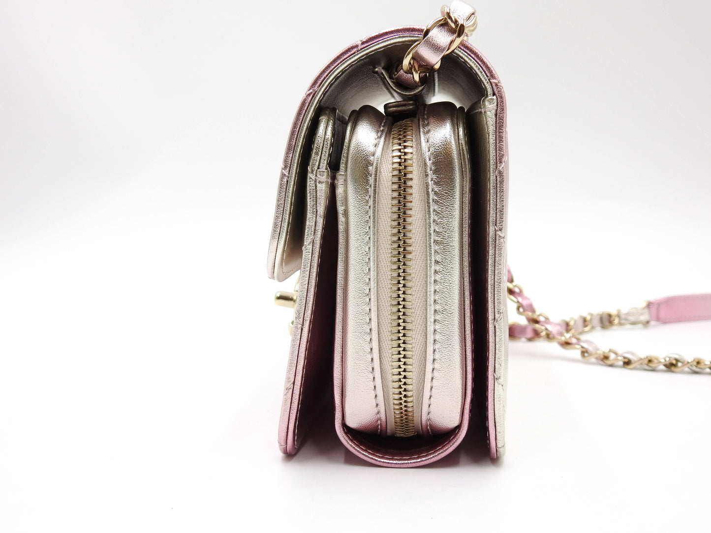CHANEL Mini Flap Chain Shoulder Bag Lambskin Metallic Silver Pink AS3002
