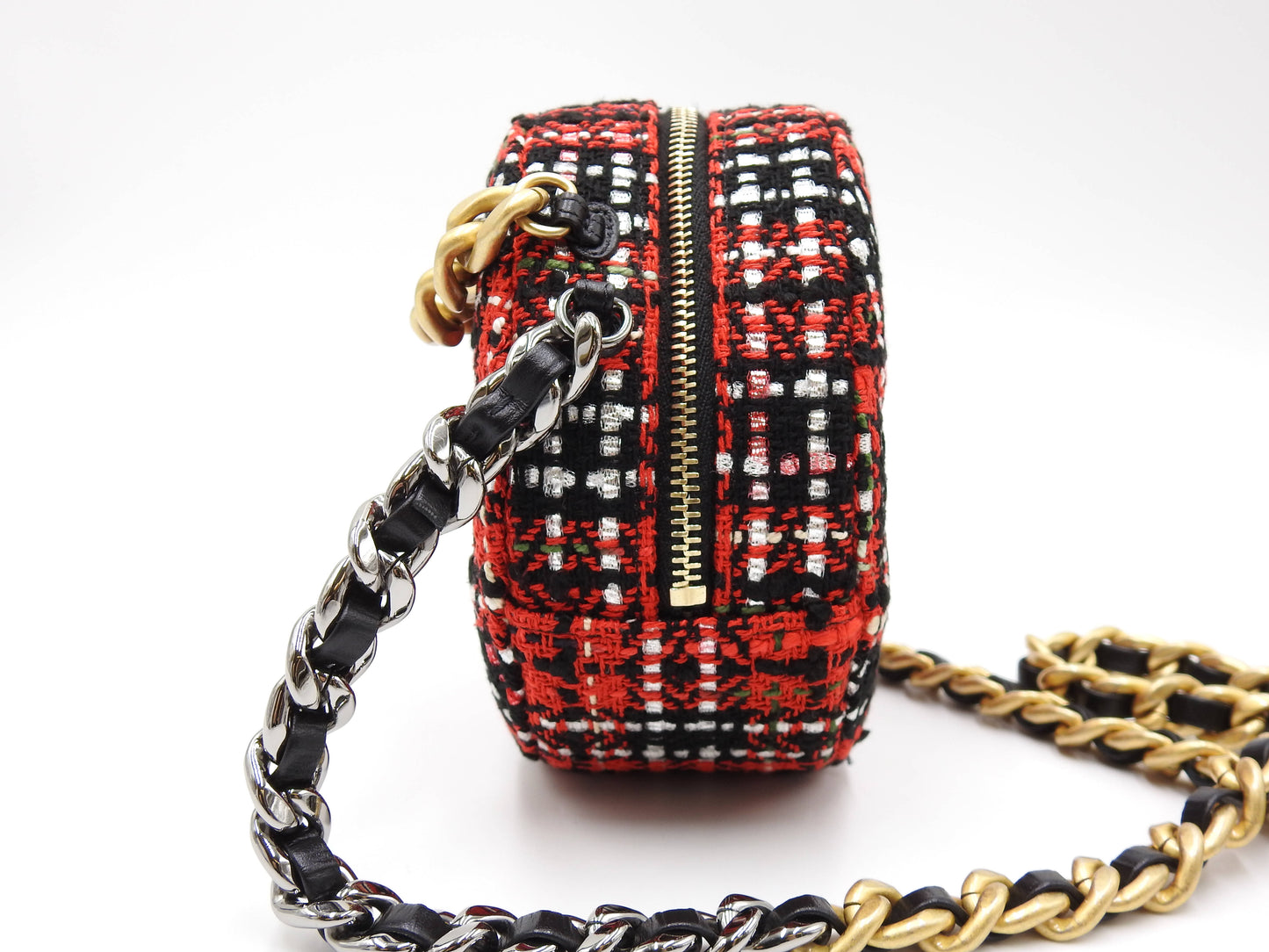 CHANEL 19 Round Chain Clutch Shoulder Bag Tweed Leather Red Black AP0945