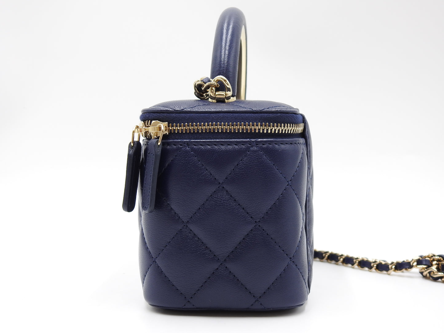 CHANEL CC Matelasse Top Handle 2way Chain Vanity Bag Lambskin Navy Gold
