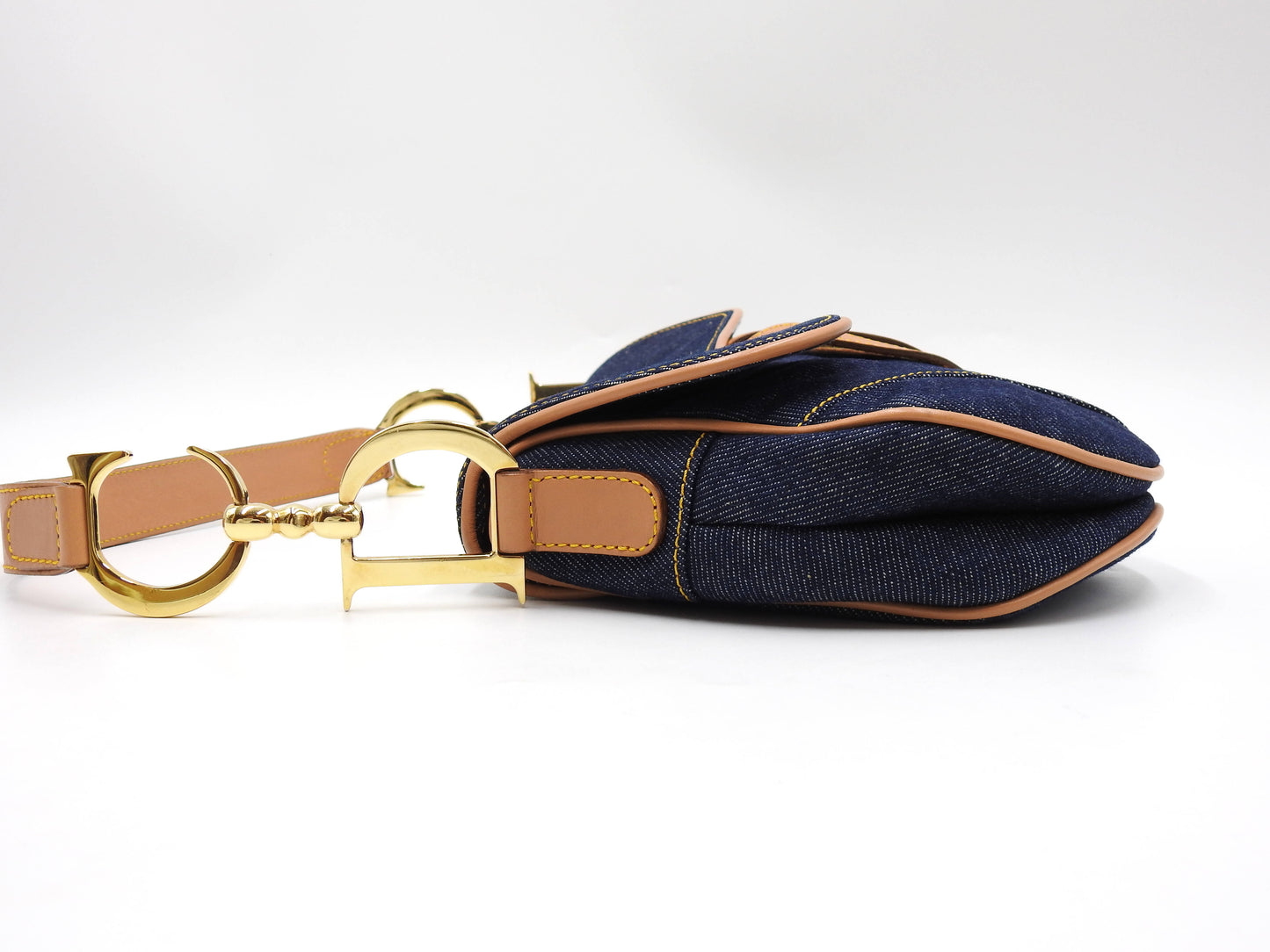 Christian Dior Saddle Bag Shoulder Hand Bag Denim Canvas Leather Navy Gold