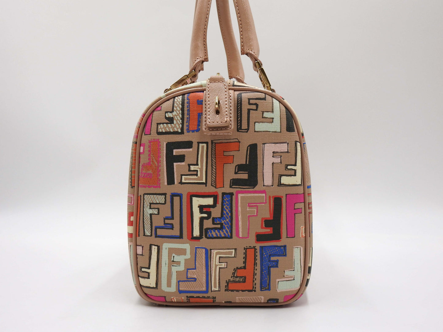 FENDI Zucca Boston Hand Bag PVC Leather Beige Multicolor 8BL068