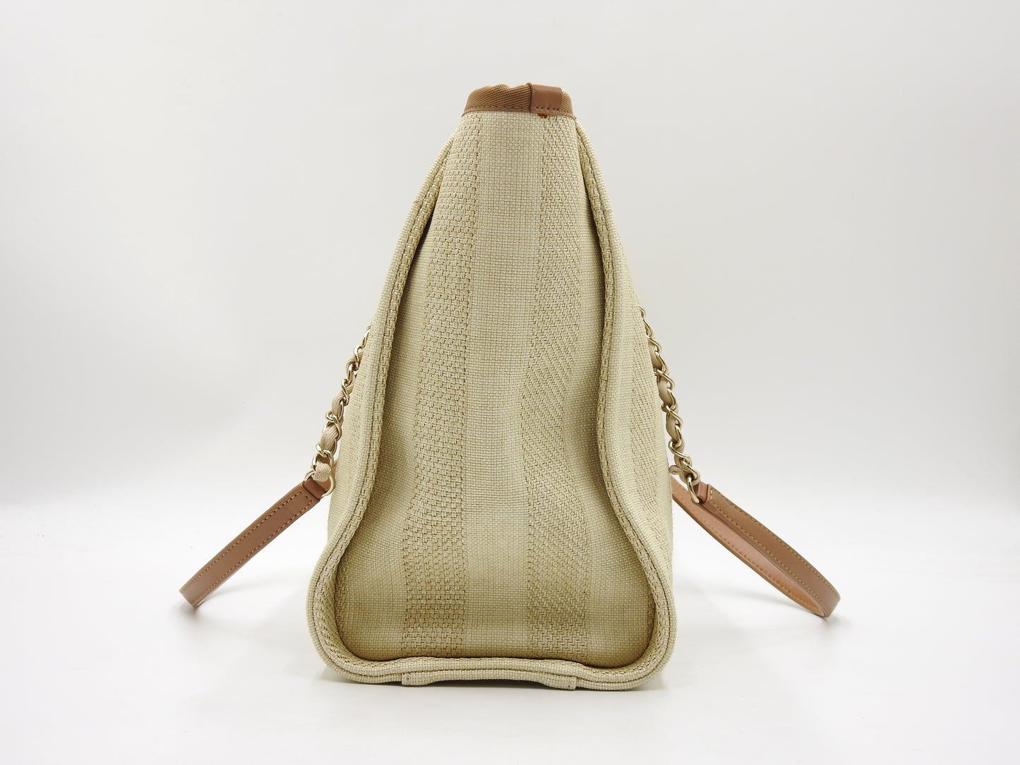 CHANEL Deauville MM Chain Tote Shoulder Bag Straw Canvas Beige Brown A67001
