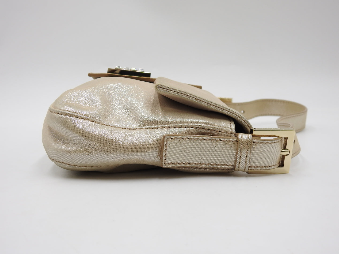 FENDI Crystal Mamma Baguette Shoulder Hand Bag Leather Beige Gold 8BR600