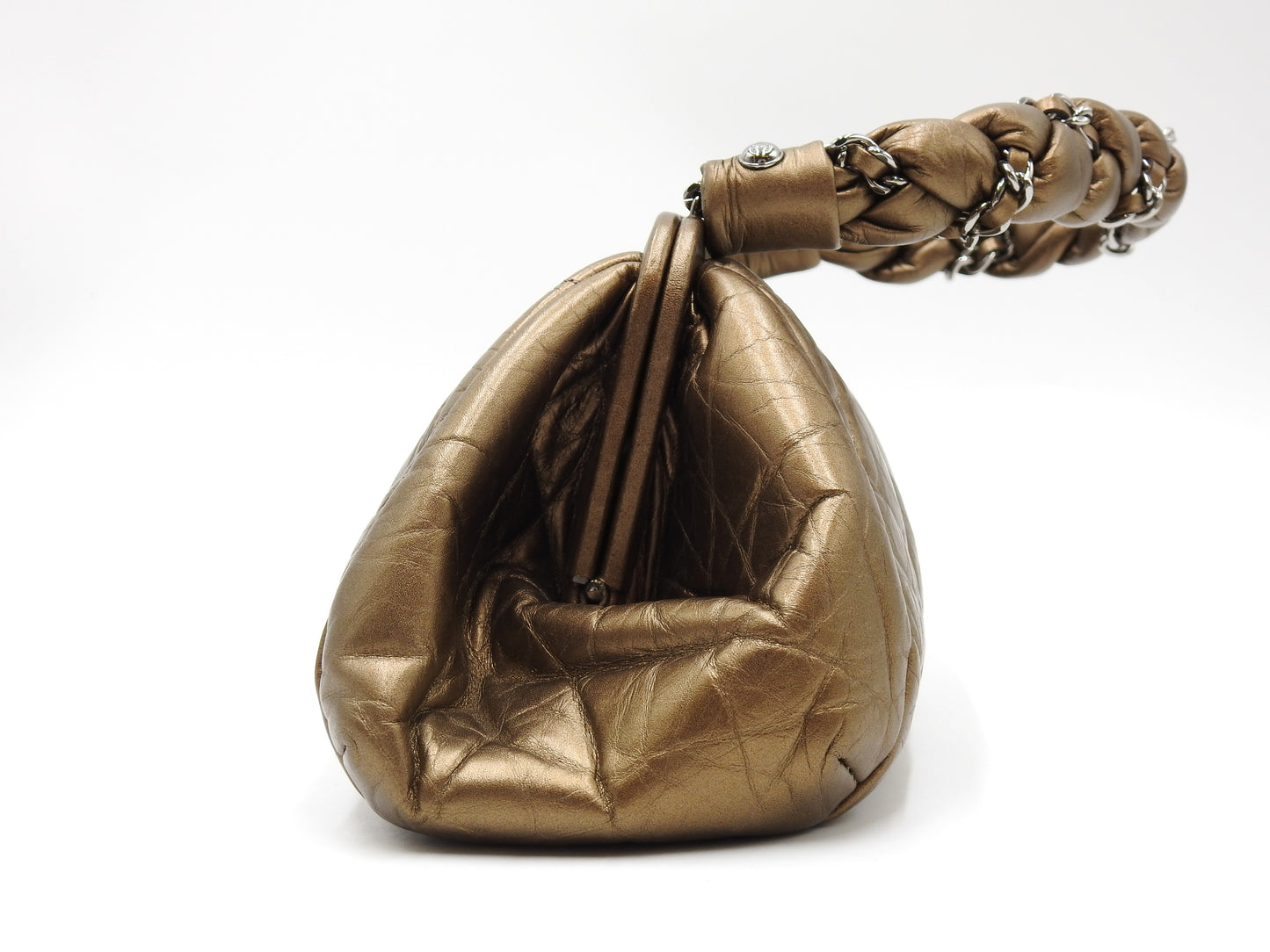 CHANEL Matelasse Vintage Calf Kiss Lock Hand Bag Leather Metallic Gold