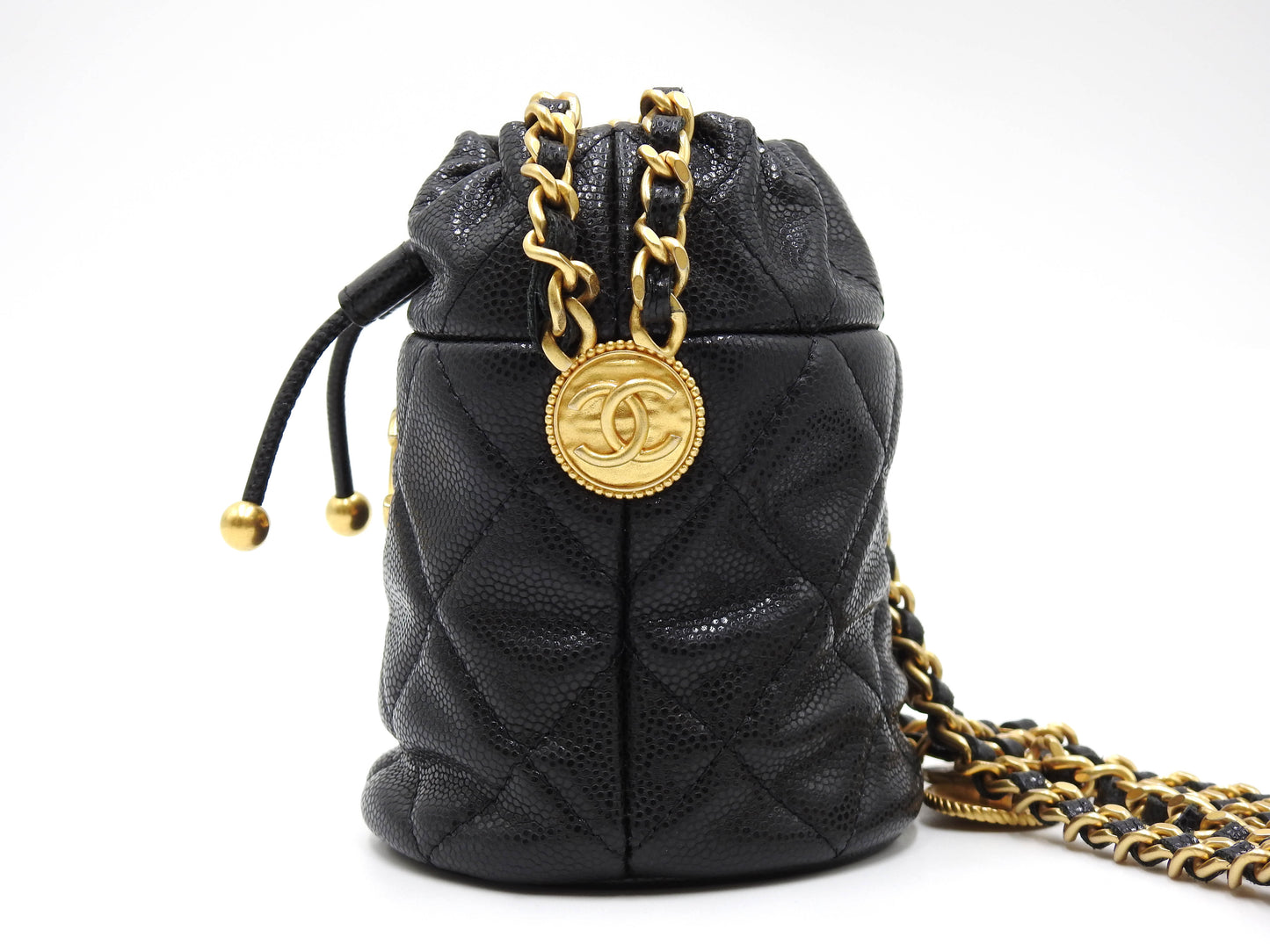 CHANEL CC Matelasse Mini Chain Bucket Shoulder Bag Caviarskin Black Gold