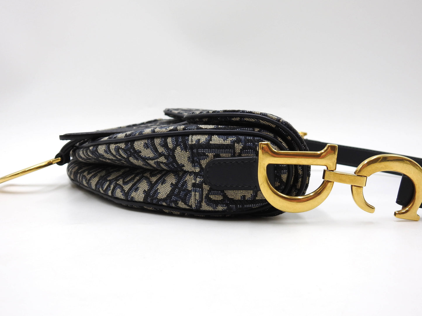 Christian Dior Oblique Jacquard Saddle Bag Shoulder Hand Bag Leather Navy