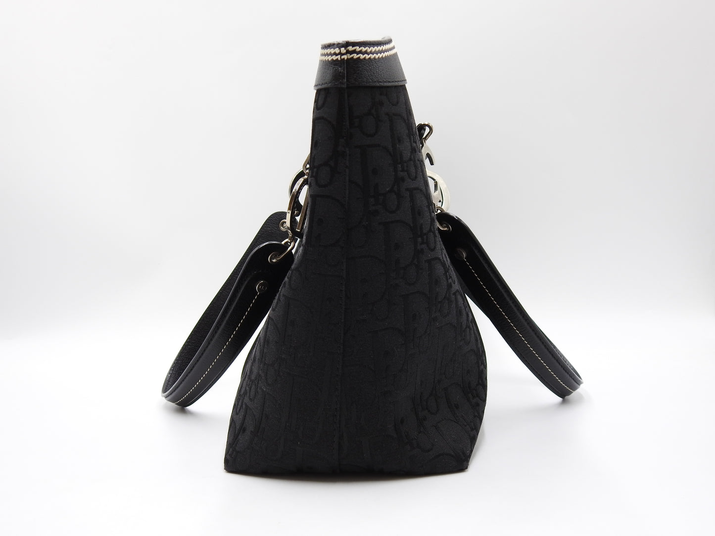 Christian Dior Trotter Flower Embroidery Shoulder Hand Bag Canvas Black