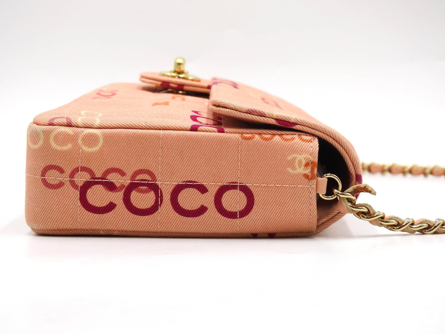 CHANEL COCO Chocolate Bar Chain Shoulder Bag Canvas Pink Gold A15316
