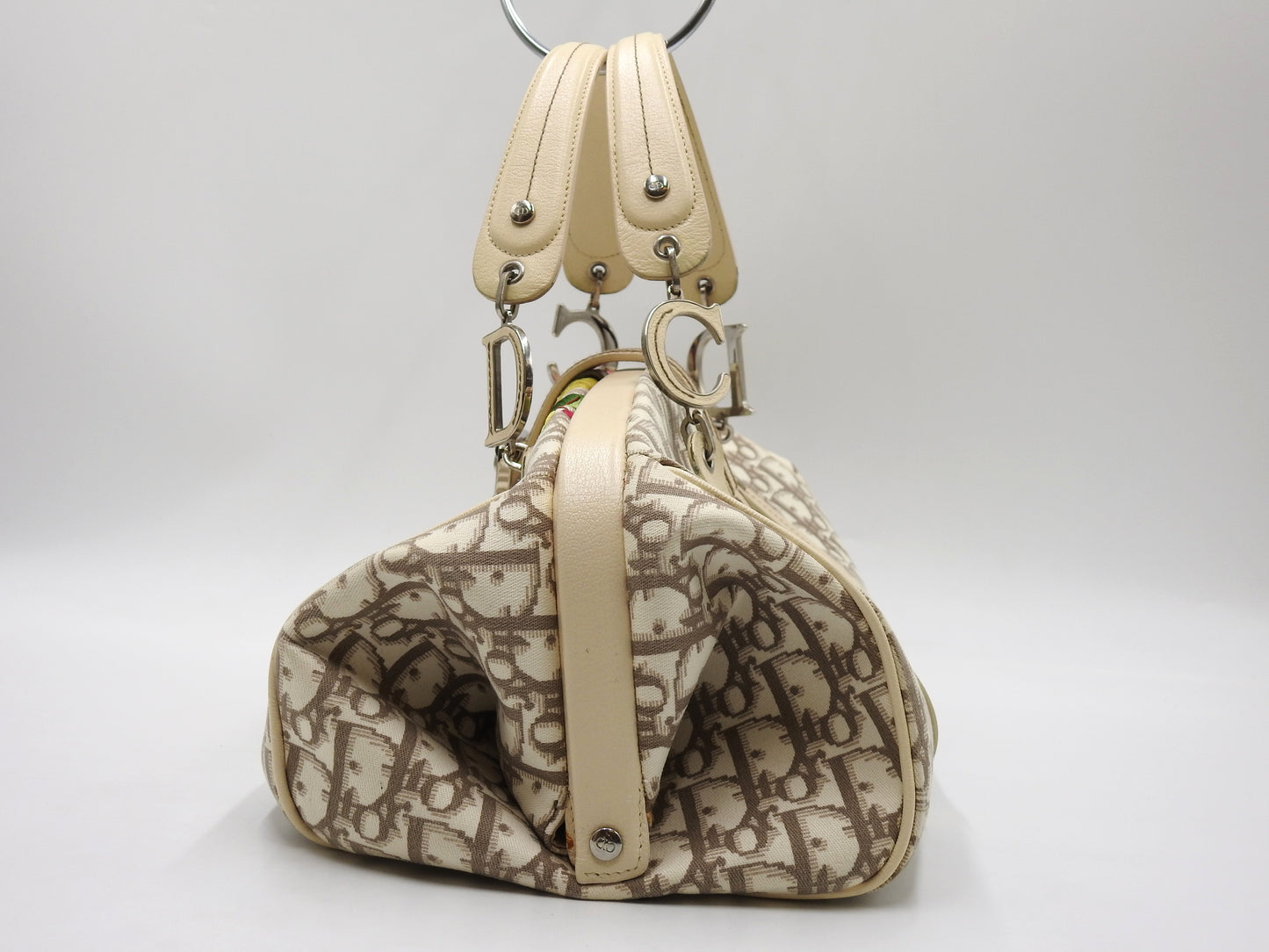 Christian Dior Trotter Embroidered Flower Tote Hand Bag Canvas Beige