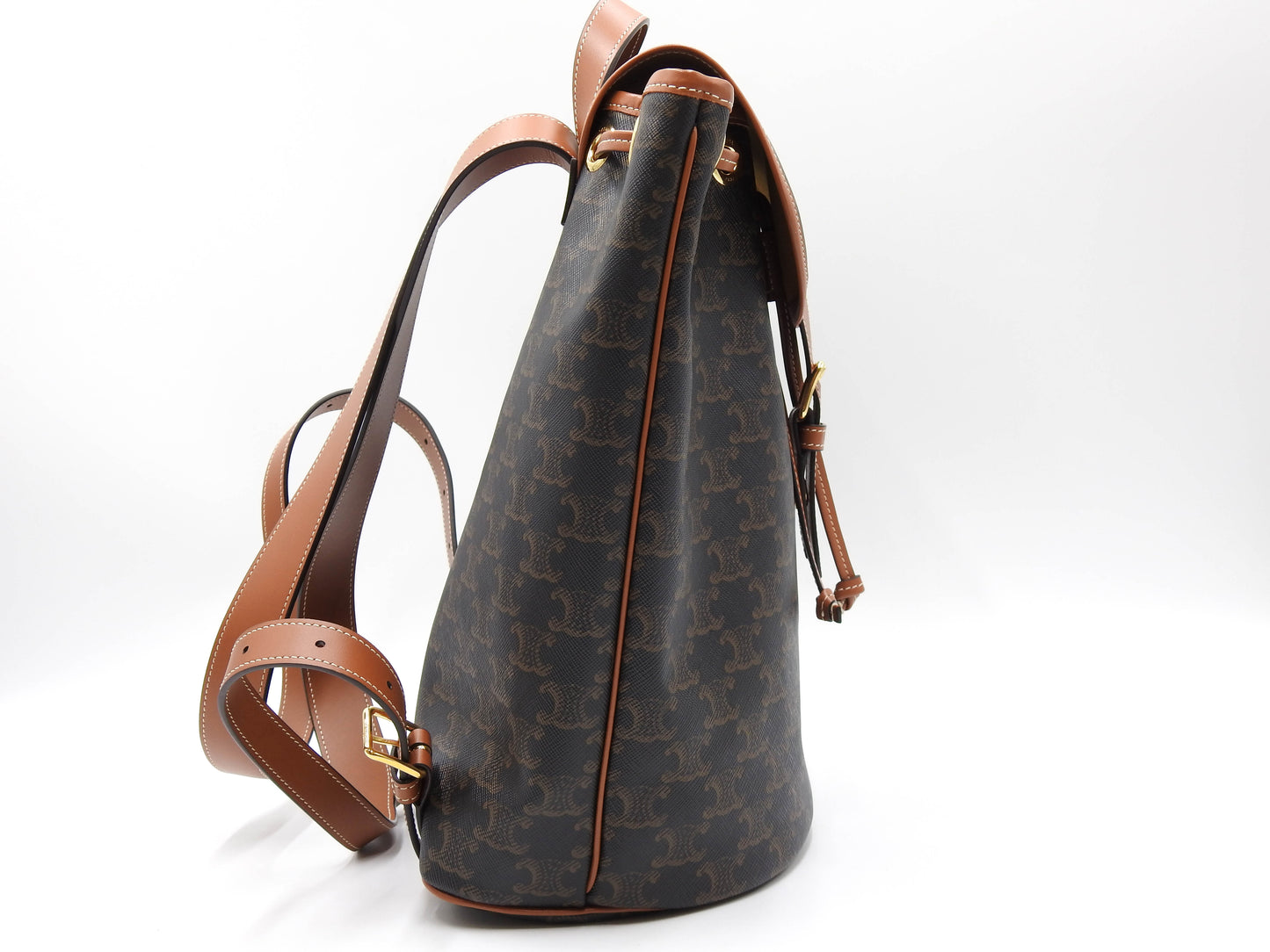 CELINE Triomph Folco Medium Backpack Bag PVC Canvas Tan Dark Brwon 197662