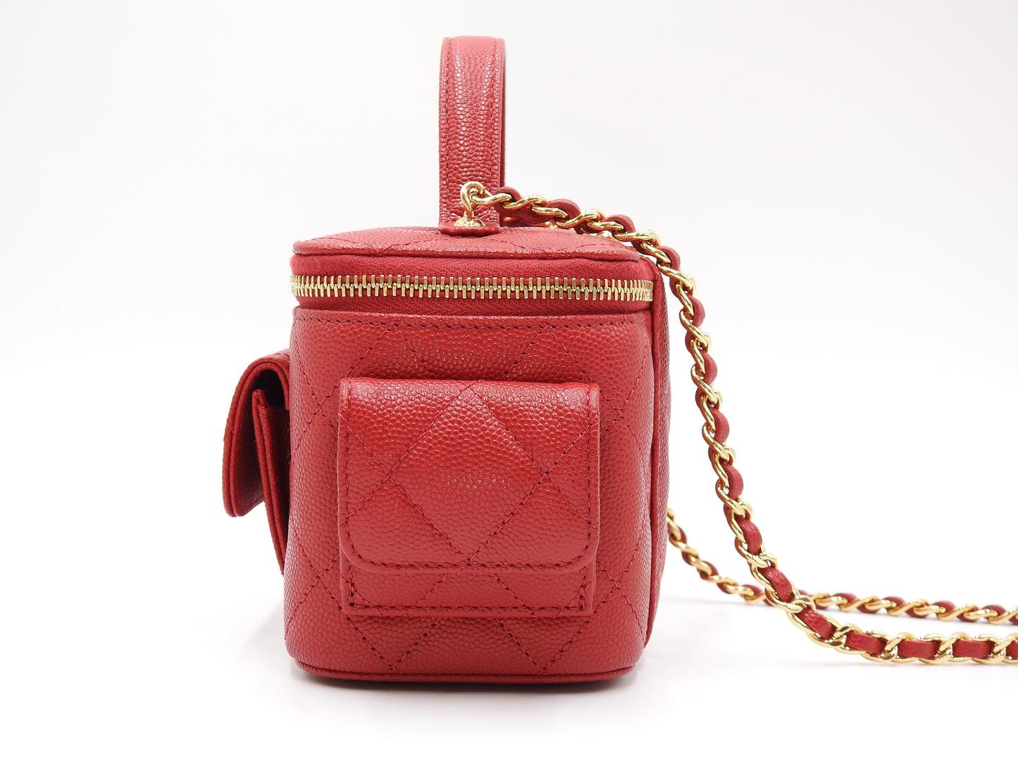 CHANEL CC Matelasse Top Handle 2way Chain Vanity Bag Caviarskin Red AP3017