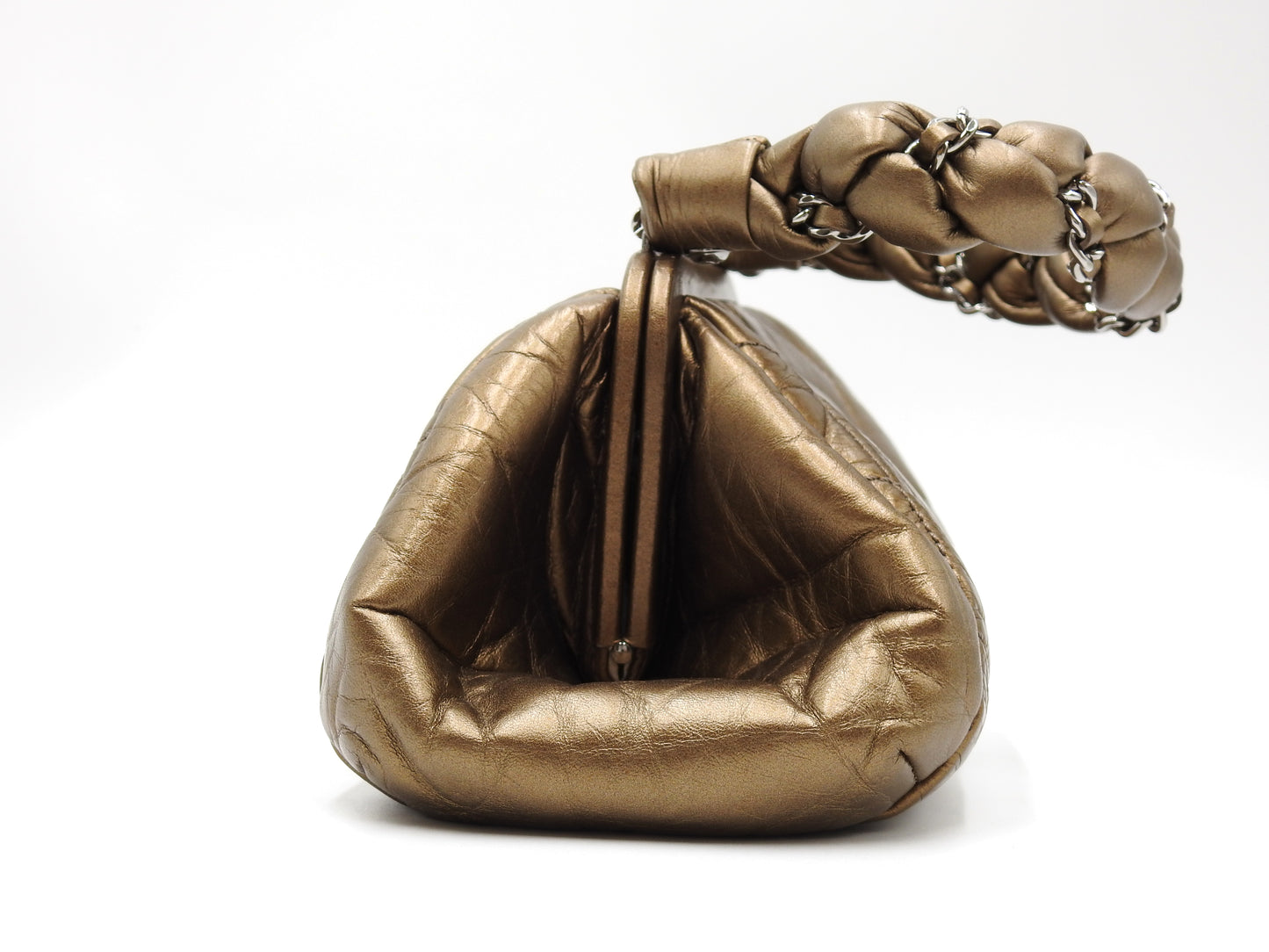 CHANEL Matelasse Vintage Calf Kiss Lock Hand Bag Leather Metallic Gold