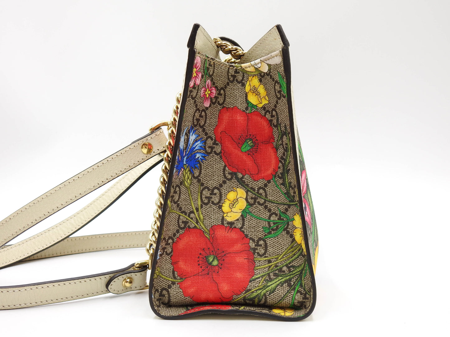GUCCI GG Flora Supreme Padlock Small Tote Shoulder Bag Beige White 498156