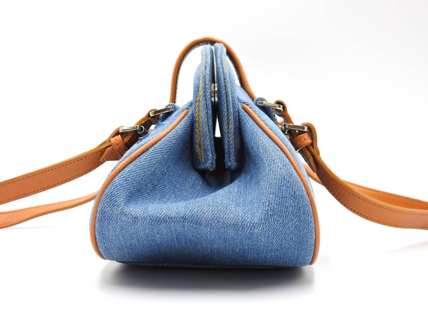 Christian Dior Denim Embroidered Flower Kiss Lock Hand Bag Blue Brown