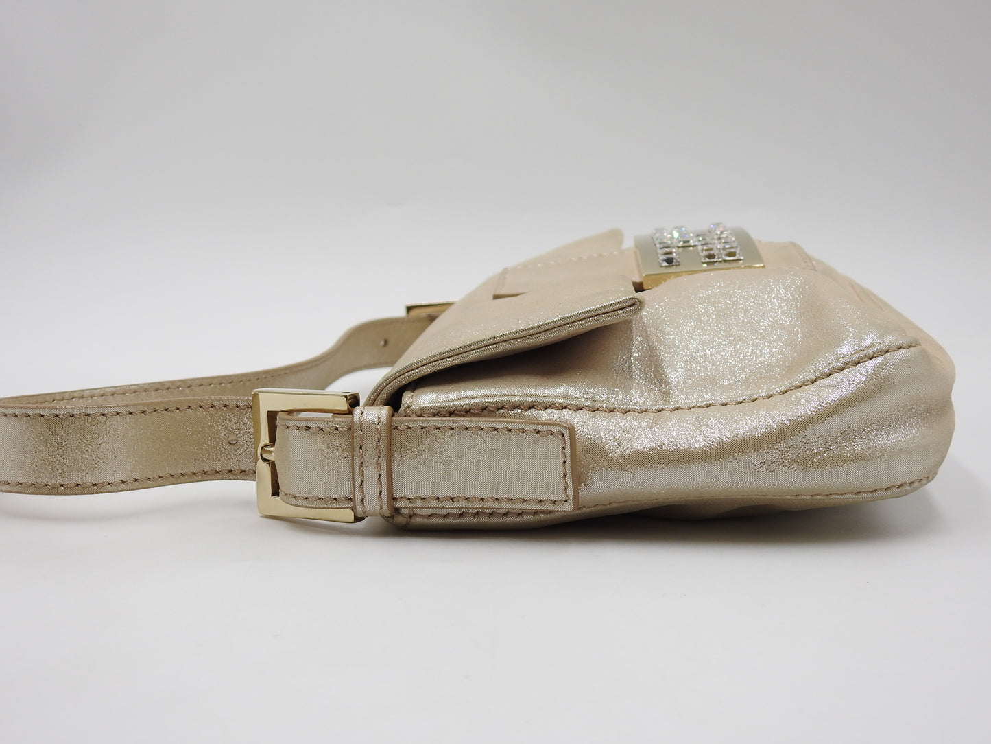 FENDI Crystal Mamma Baguette Shoulder Hand Bag Leather Beige Gold 8BR600