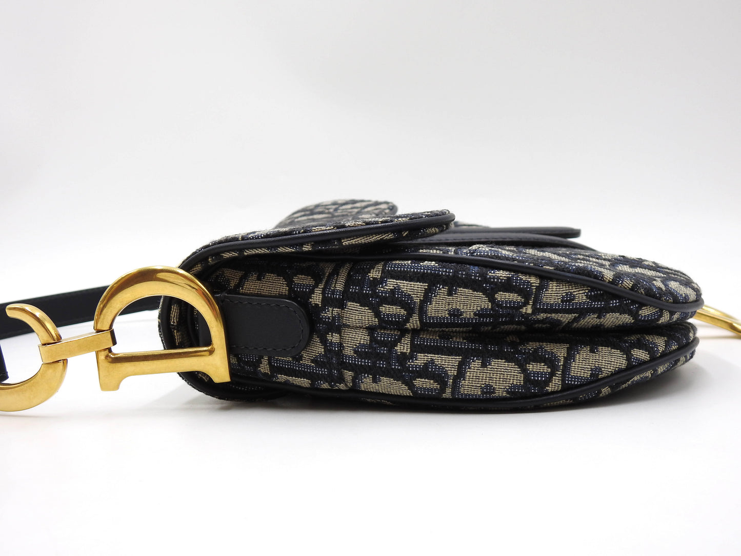 Christian Dior Oblique Jacquard Saddle Bag Shoulder Hand Bag Leather Navy