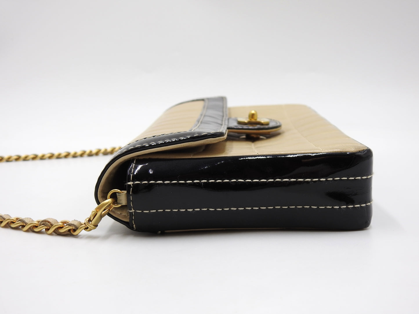 CHANEL Chocolate Bar Chain Shoulder Bag Lambskin Enamel Beige Black A15316