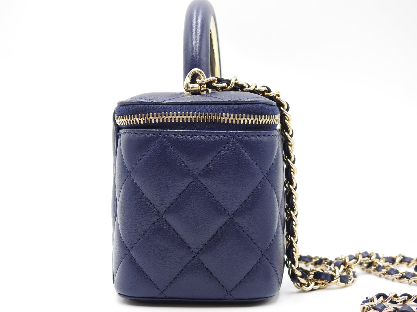 CHANEL CC Matelasse Top Handle 2way Chain Vanity Bag Lambskin Navy Gold